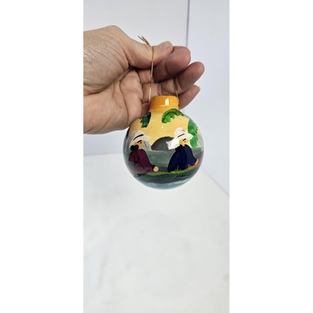 Hand Painted Terracotta Pottery Ball Ornament Tropical Palm Trees‎ Couple 2.5 in